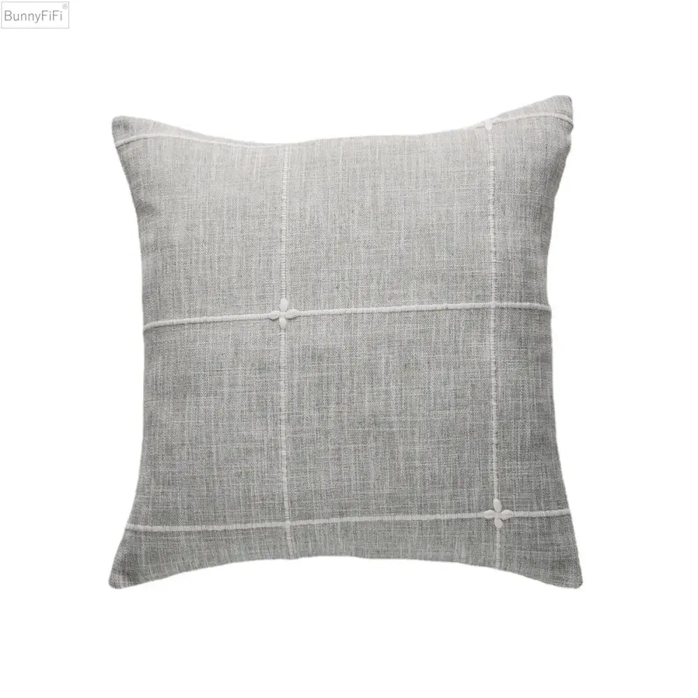 Gray linen throw pillow with white grid stitching and knots for decorbites brown grey stripe living room decor