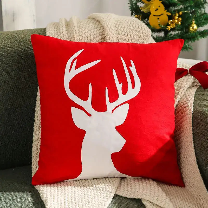 Red square pillow cover with white deer silhouette embroidered christmas pillow decorbites living room decor