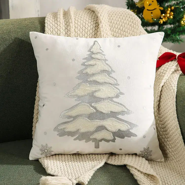 White throw pillow cover with decorbites embroidered christmas snow-covered pine tree in gray and silver accents