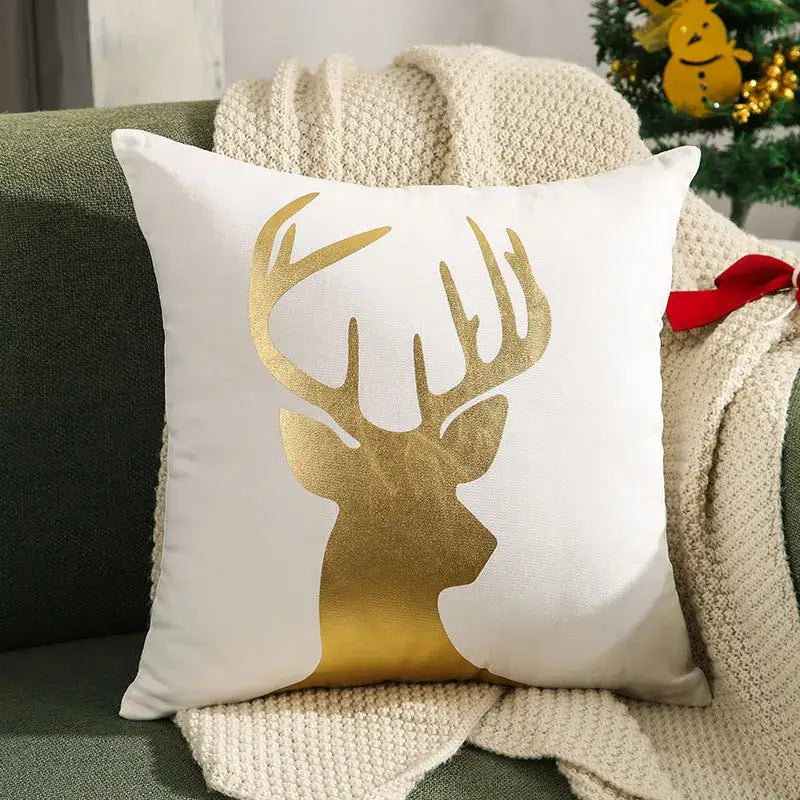White throw pillow cover with gold foil deer silhouette and antlers for decorbites embroidered christmas pillow decor
