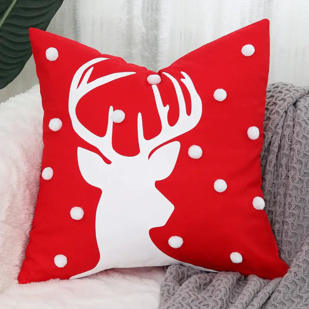 Red throw pillow cover with white reindeer silhouette and pom-poms for decorbites embroidered christmas pillow decor
