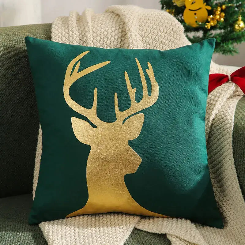 Emerald green velvet pillow cover with gold foil deer silhouette for decorbites embroidered christmas pillow decor