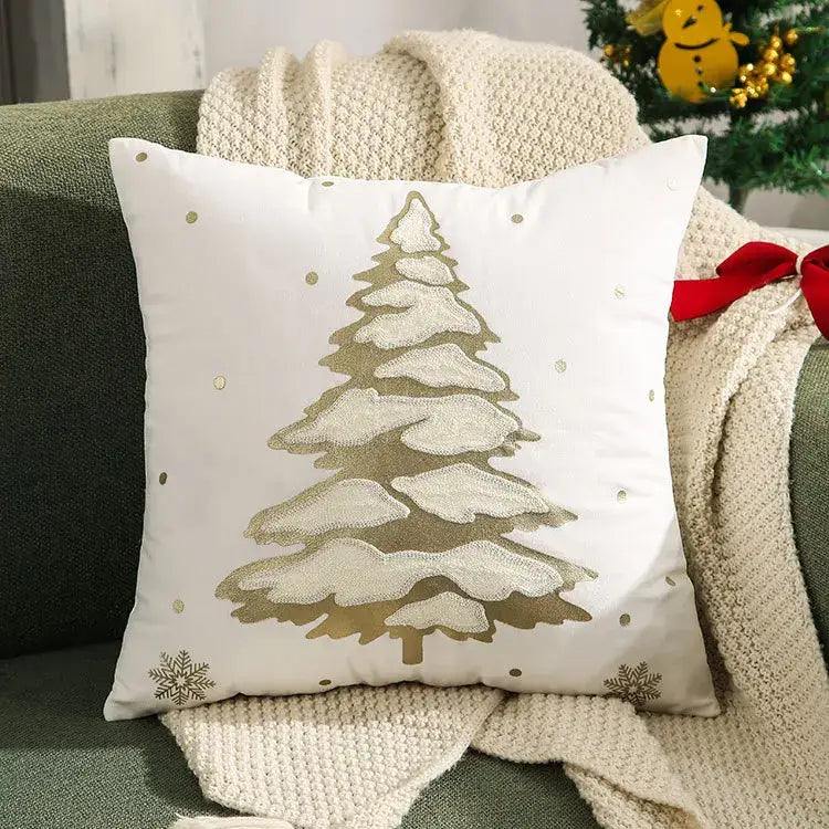 White throw pillow cover with embroidered gold christmas tree snowflakes and metallic dots decorbites embroidered christmas