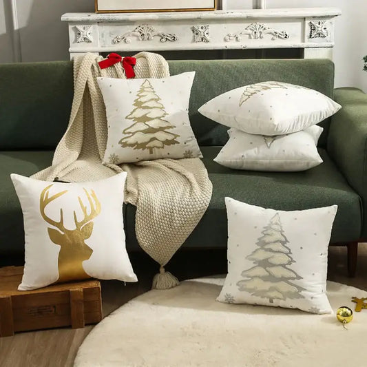White pillow covers with gold and silver embroidered christmas tree and deer designs in soft fabric decorbites embroidered christmas pillow