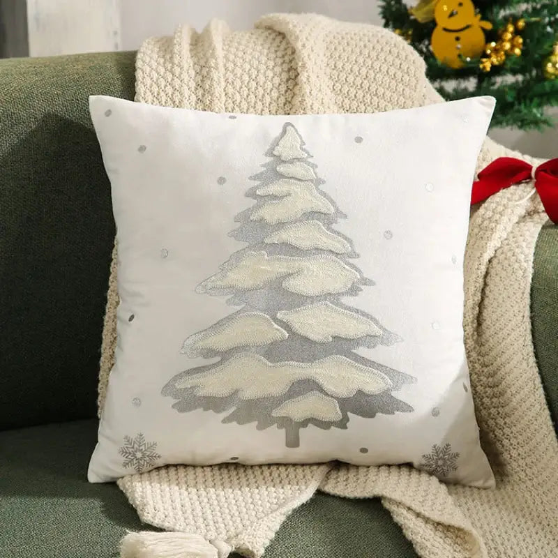 White throw pillow cover with embroidered christmas snow-covered pine tree decorbites embroidered christmas pillow
