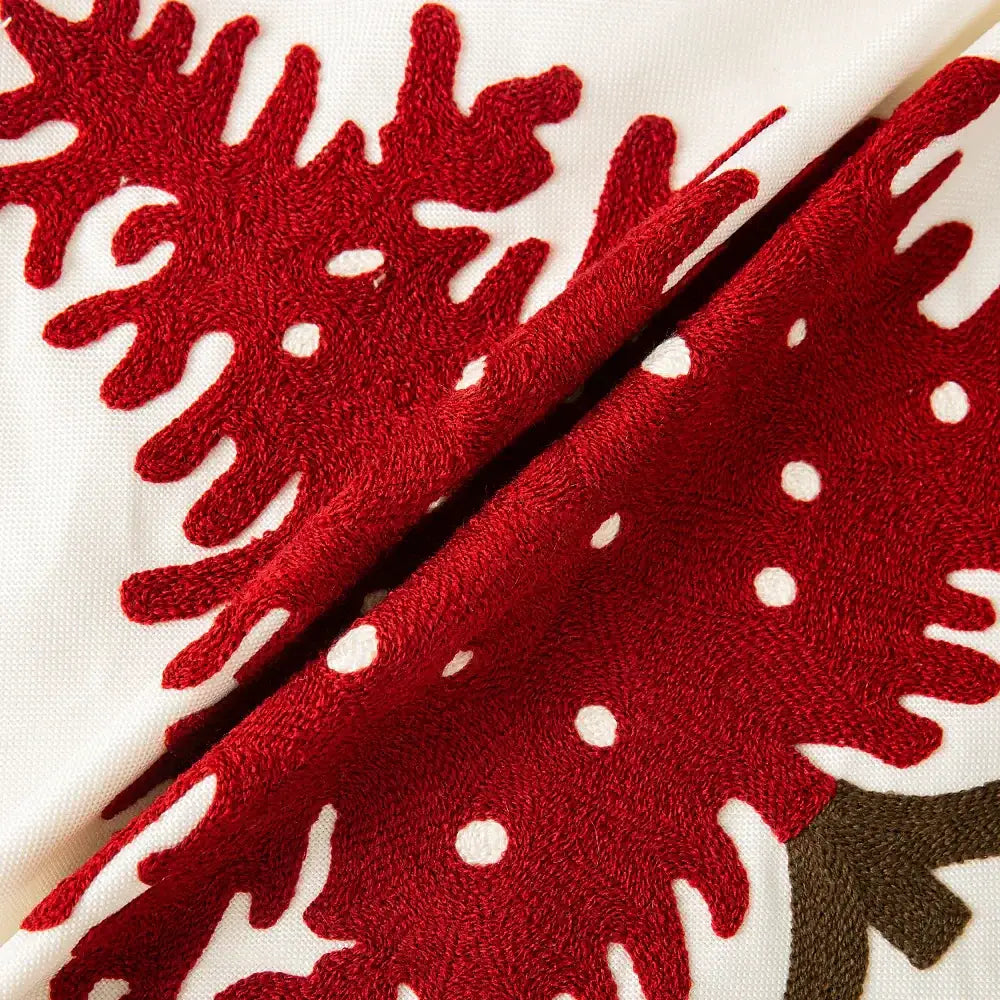 Red embroidered christmas tree pattern on white fabric cushion cover by decorbites for living room decor