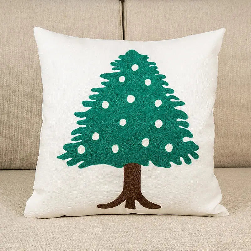 White cushion cover with decorbites embroidered christmas tree in green and brown for living room decor