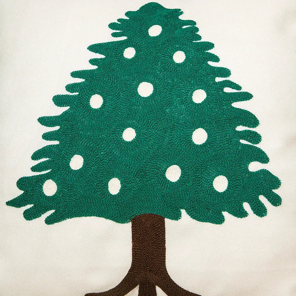 Cream cushion cover with decorbites embroidered christmas tree in green and white polka dots for living room decor