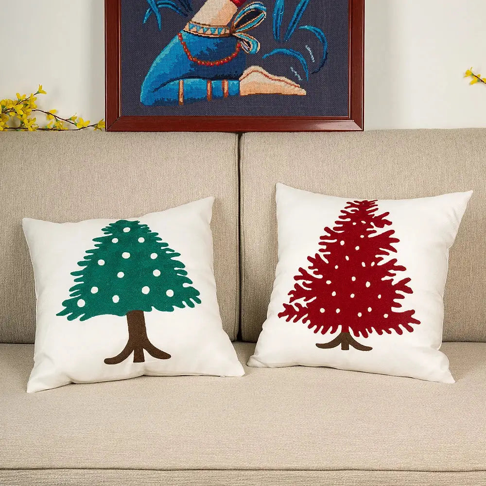 Two embroidered christmas tree cushion covers in red and green on cream fabric for living room decorbites decor