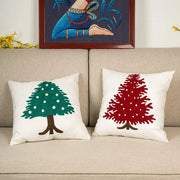 Two embroidered christmas tree cushion covers in red and green on cream fabric for living room decorbites decor