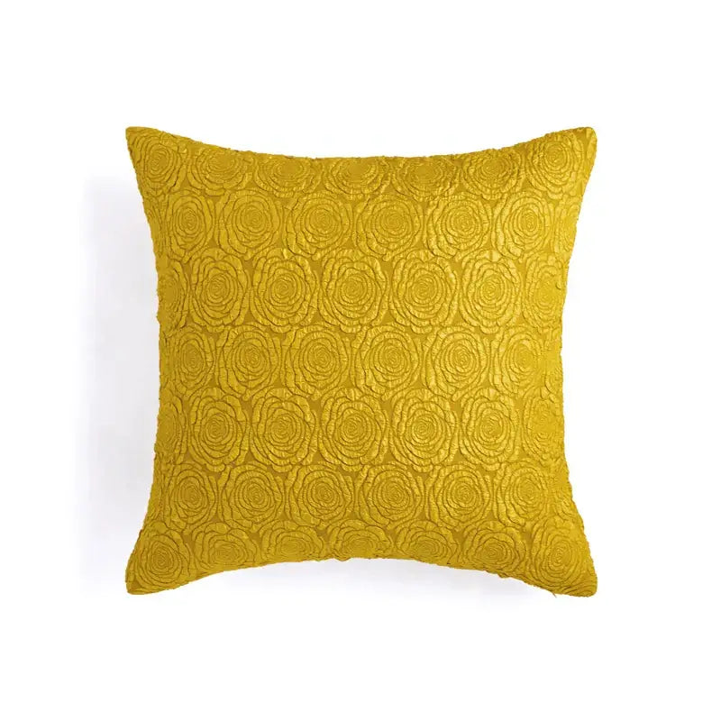 A square mustard-yellow pillow case with an embossed rose pattern featuring decorbites citron flowers plants decor