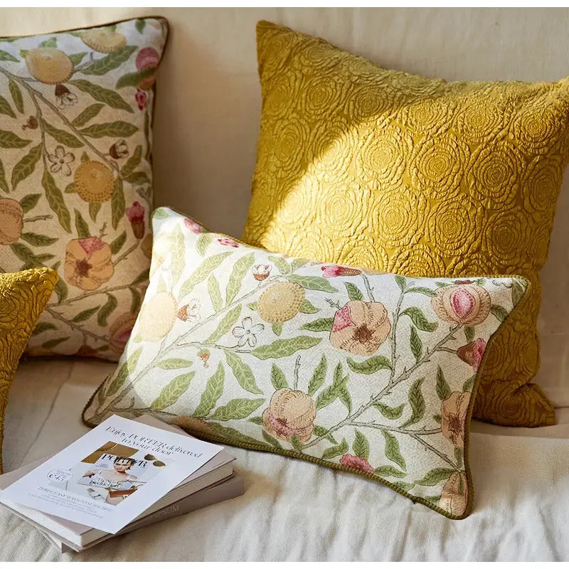 Rectangular pillow case with cream fabric and embroidered citron flowers plants in peach and green for living room decor