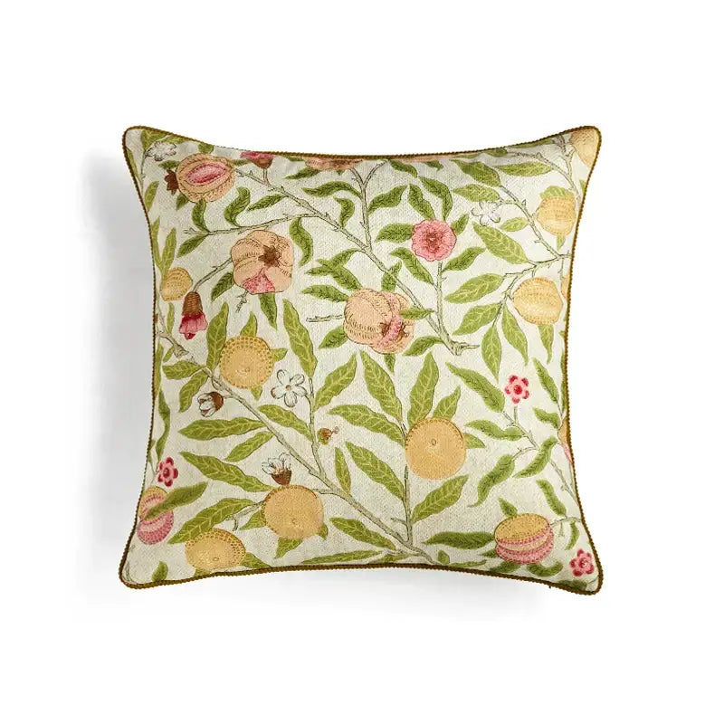 Square pillow case with embroidered decorbites citron flowers plants featuring peachy fruits and pink blossoms on cream background