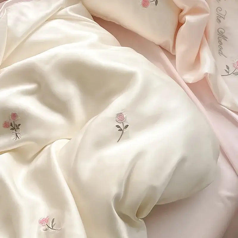Cream satin ice silk bedding sets pillowcase with delicate pink rose embroidery for bedroom decorbites ice silk