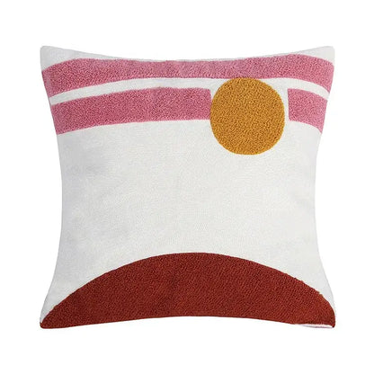Embroidered cushion cover set featuring a pink striped and rust horizon design with an orange sun for living room decor