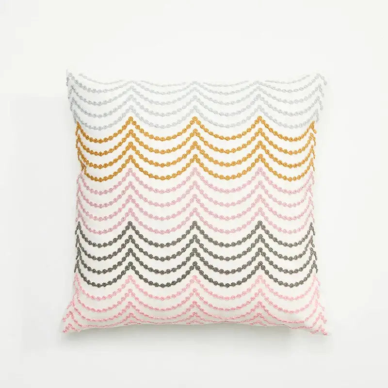 Square cushion cover with embroidered daisy dandelion silver gold pink gray bead zigzag patterns on white base for living room decor