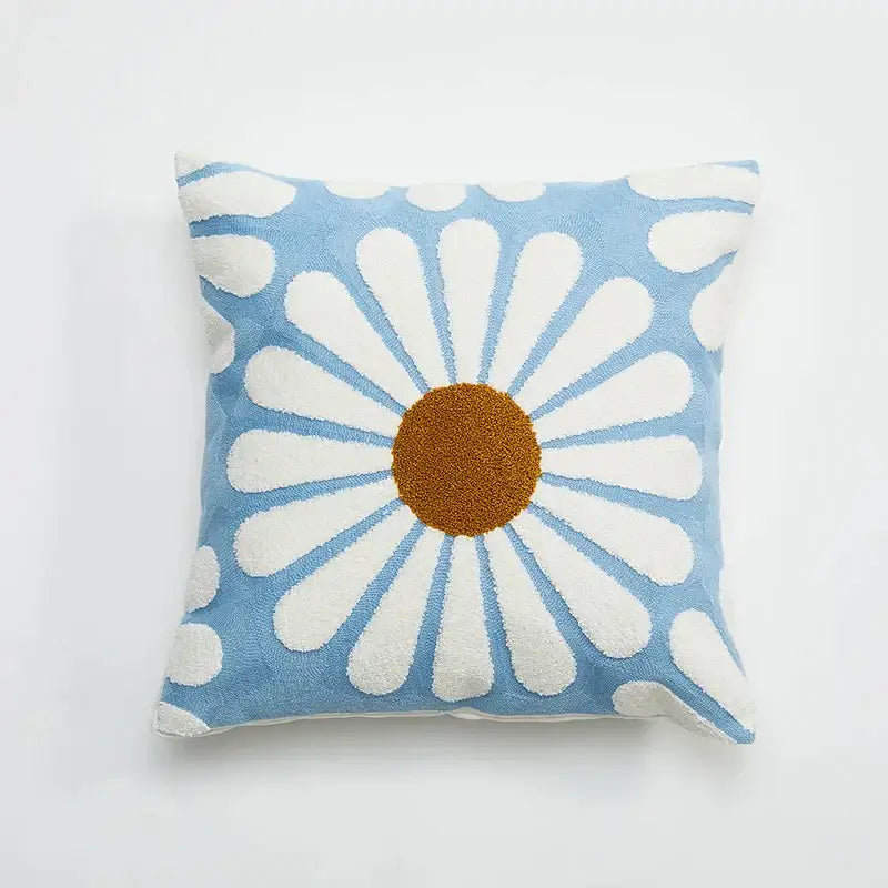 Soft square cushion cover with embroidered daisy dandelion design in light blue and brown for white living room decor