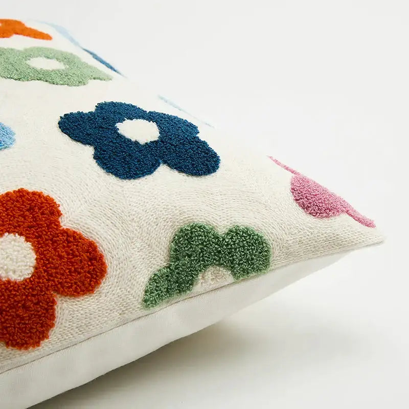 Cream-colored cushion cover with colorful textured embroidered daisy dandelion flowers for white living room decor
