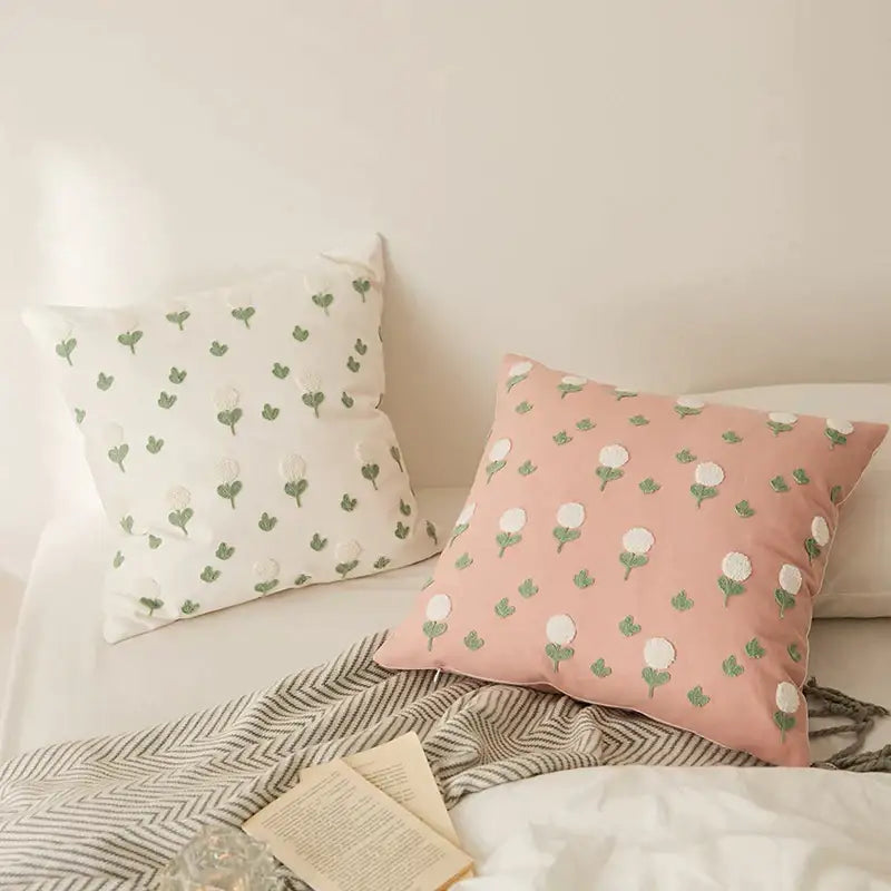 Pink cushion cover with embroidered daisy dandelion flowers for white living room decor