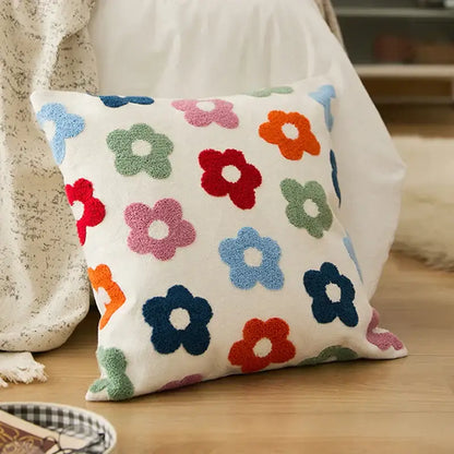 Cozy white cushion cover with colorful embroidered daisy dandelion flowers for living room decor
