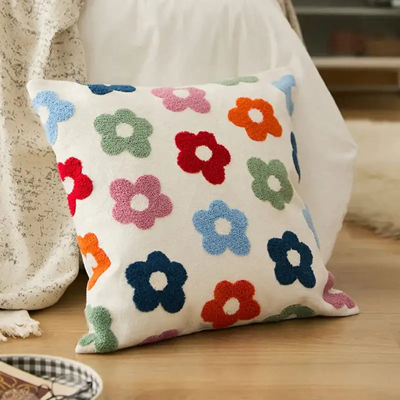 Cozy white cushion cover with colorful embroidered daisy dandelion flowers for living room decor