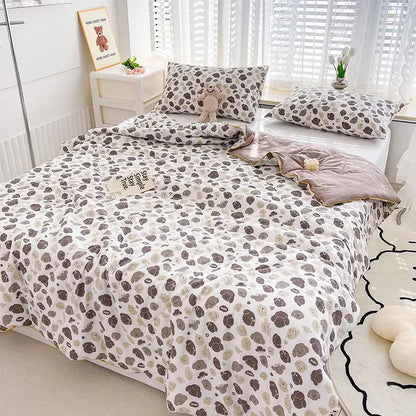 White double gauze duvet cover with playful brown and beige cartoon bears embroidered rabbit print for bedroom comforter