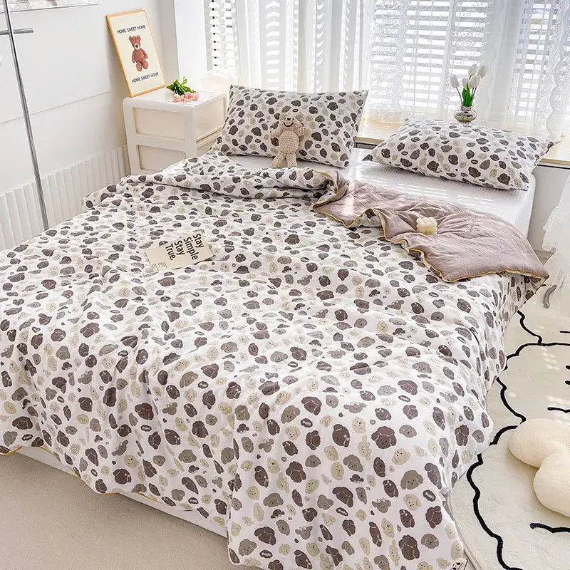 White double gauze duvet cover with playful brown and beige cartoon bears embroidered rabbit print for bedroom comforter