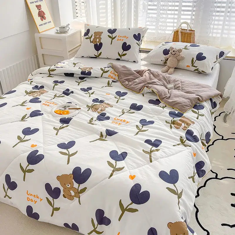 White double gauze rabbit print quilt set with navy tulips brown teddy bears and lucky day embroidery for bedroom comforter