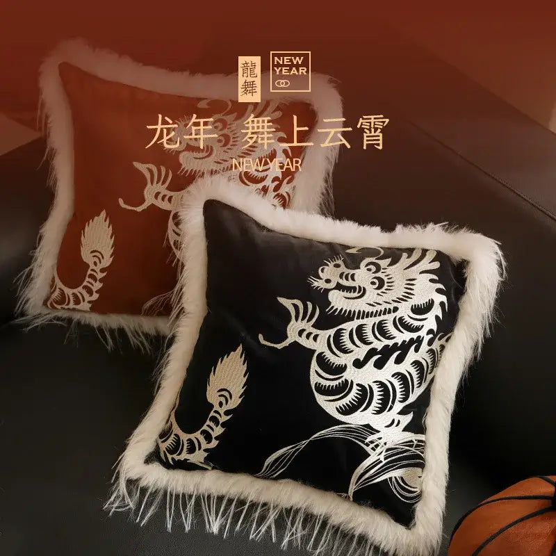 Black velvet dragon year pillowcase with white embroidered dragon design and fluffy white fur trim for living room decorbites decor
