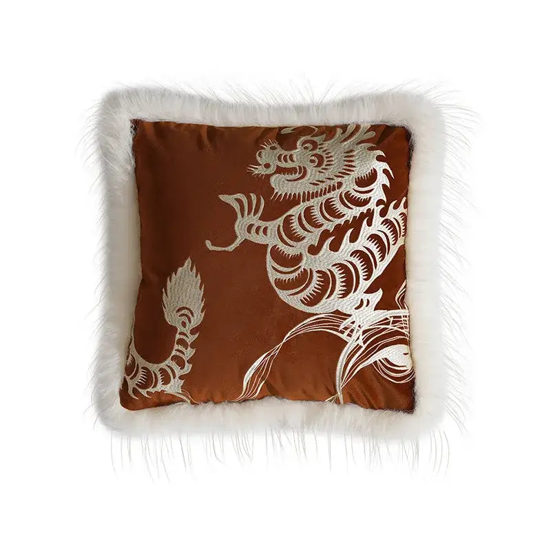 Brown velvet dragon year pillowcase with white embroidered dragon design and plush white fur border for living room decor