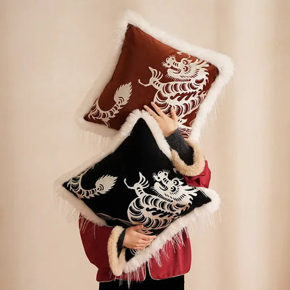 A plush square dragon year pillowcase rust fabric with white embroidery and fluffy white faux fur trim for decorbites decor