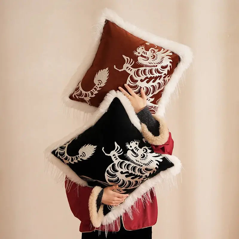 A plush square dragon year pillowcase rust fabric with white embroidery and fluffy white faux fur trim for decorbites decor