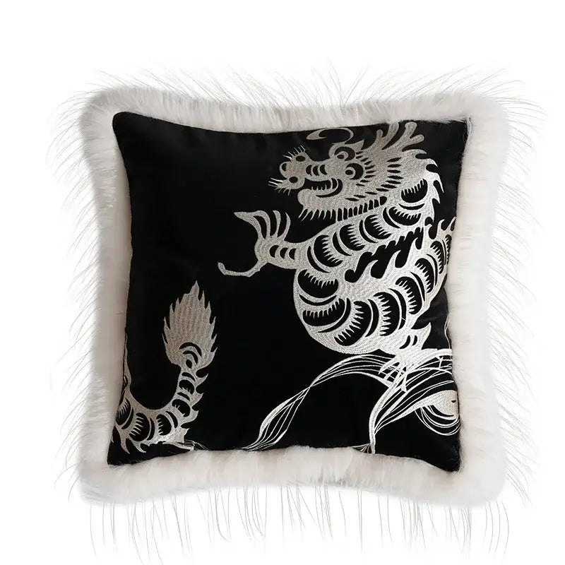 Black velvet dragon year pillowcase with silver embroidery and white faux fur trim for rust and white living room decorbites decor