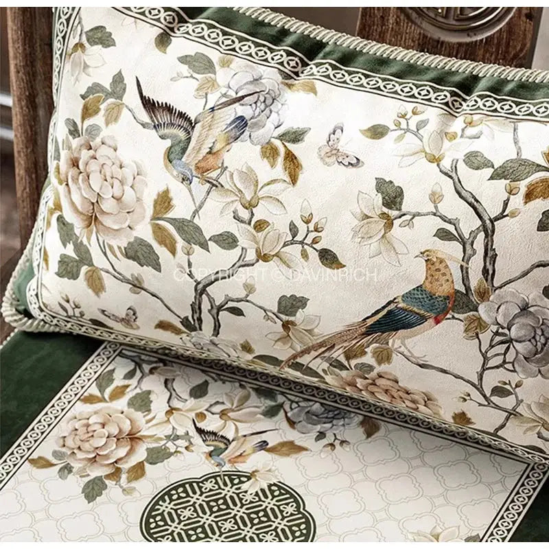 Elegant cream-colored decorbites dream floral cushion cover with bird embroidery and dark green velvet border for living room decor
