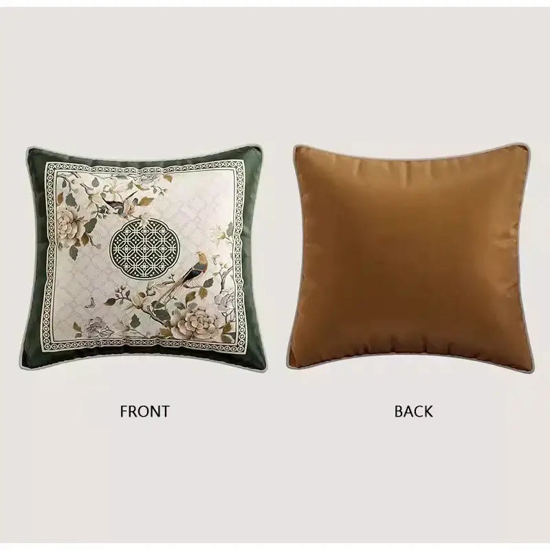 Square cushion cover with embroidered dream floral birds design in cream green black on satin front and brown velvet back