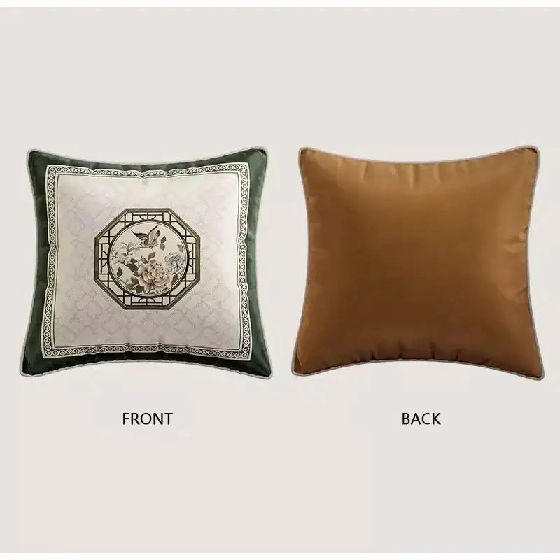 The embroidered dream floral birds cushion cover features a decorative bird and flower motif on cream with dark green velvet trim