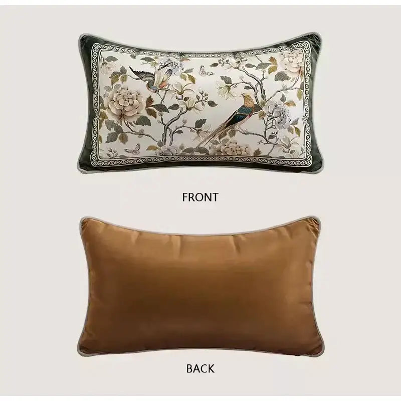 Rectangular decorbites dream floral cushion cover with embroidered birds and flowers on dark green velvet frame