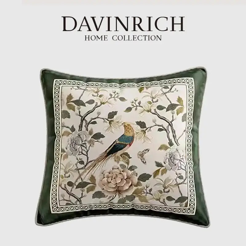 Dark green velvet cushion cover with embroidered colorful dream floral birds and intricate white border for living room decor