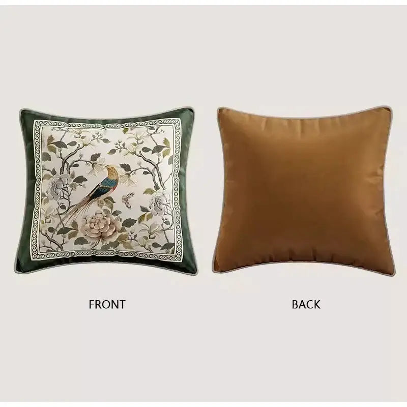Square cushion cover with dark green velvet border and embroidered dream floral birds design for living room decorbites decor
