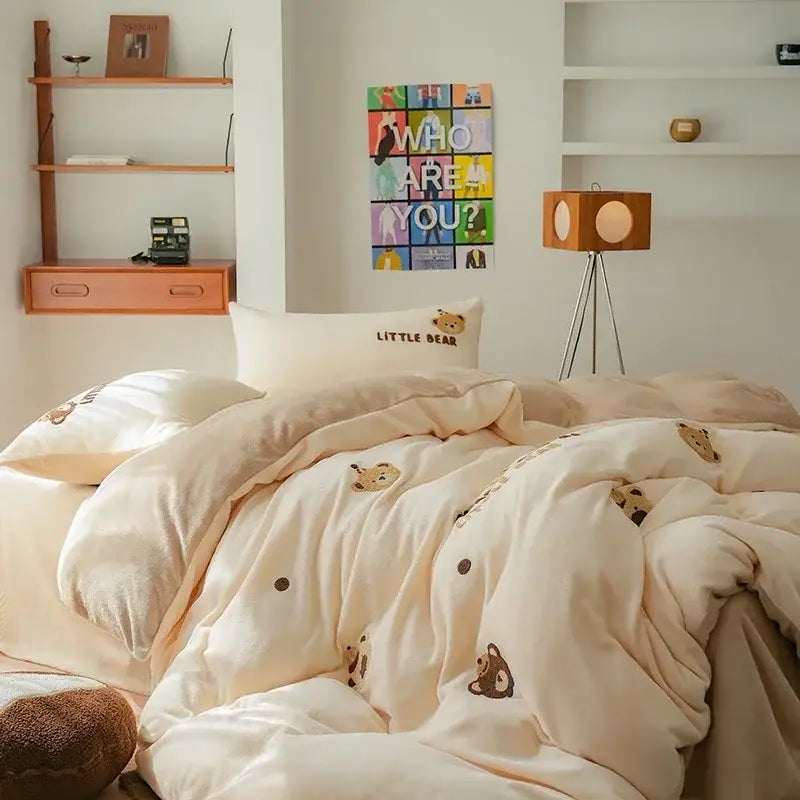 Cream-colored embroidered fleece winter bedding set with plush duvet and teddy bear design pillowcases