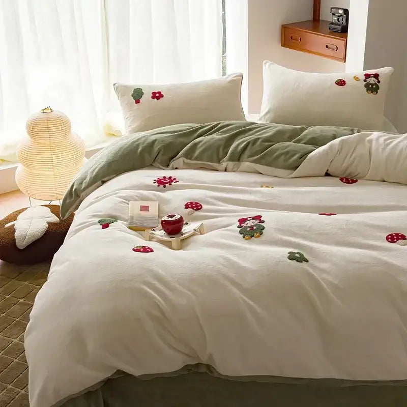Cream-colored embroidered fleece winter bedding set featuring plush duvet with red mushrooms and green forest creatures