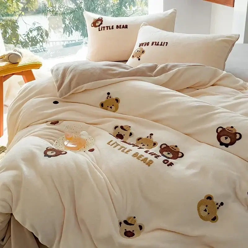 Cream-colored embroidered fleece winter bedding set featuring teddy bear designs with little bear text