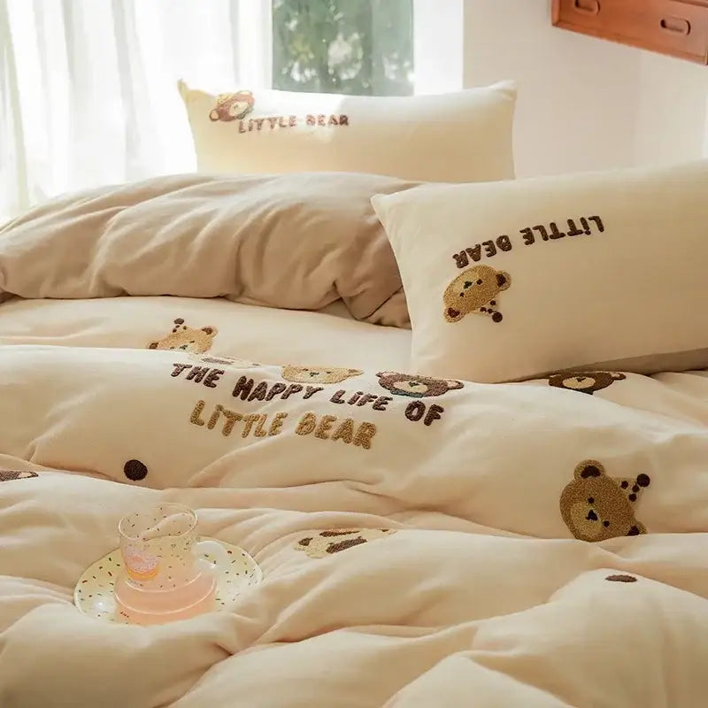 Cream embroidered fleece winter bedding set in cream with cozy teddy bear motifs and the phrase the happy life of little bear