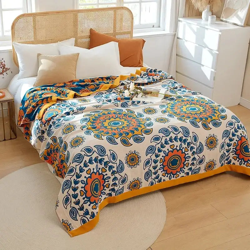 Vibrant floral-patterned throw blanket with bold orange blue and yellow paisley on cream decorbites cotton gauze
