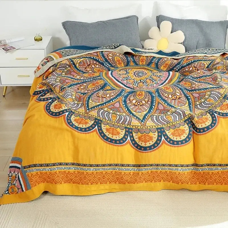 Vibrant yellow decorbites cotton gauze duvet cover with detailed colorful mandala paisley and geometric pattern