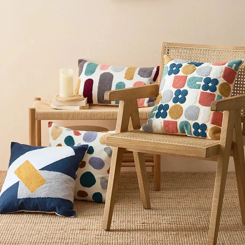 Cozy textured pillow cover with playful geometric pattern in soft pastel and earthy tones for home decor