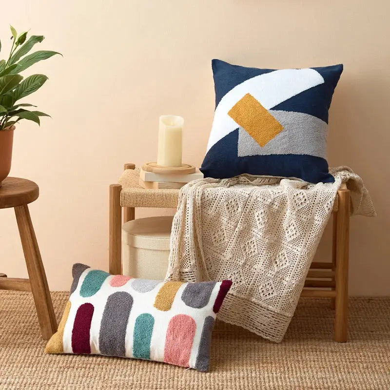 Navy blue white and mustard yellow embroidered floral dot pillow cover with textured woven fabric for home decor