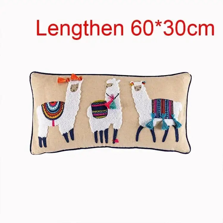 Beige rectangular flower boho long cushion cover with embroidered alpacas and decorative tassels for bedroom decor