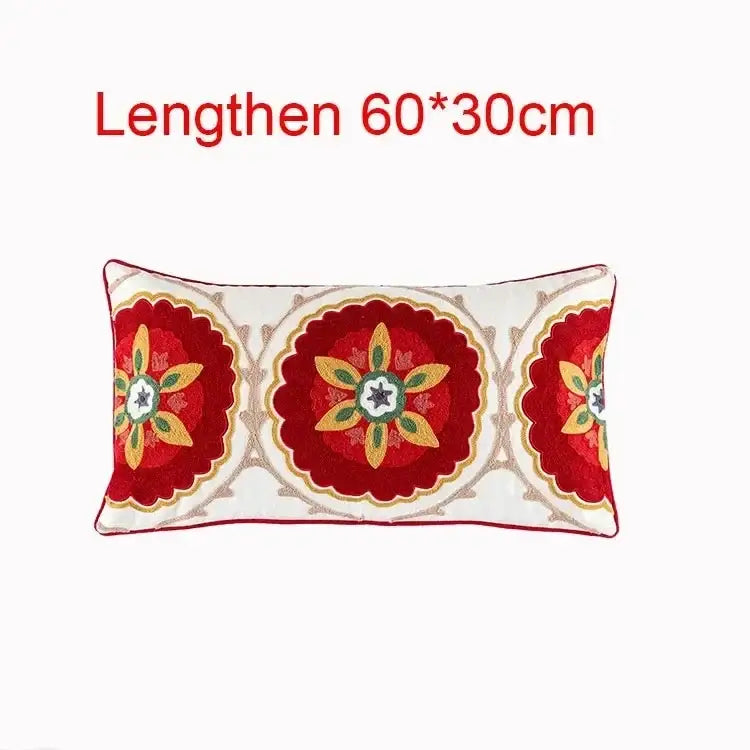 Rectangular cushion cover with embroidered flower boho patterns in red yellow and green on white for bedroom decor