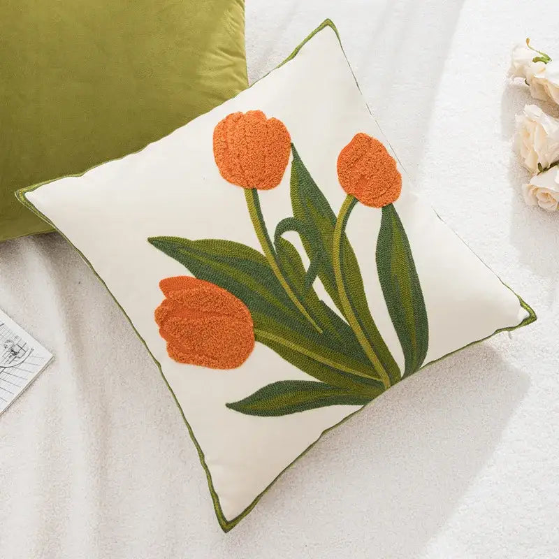 Cream-colored embroidered flower pillowcase cover with orange tulips green leaves and olive-green border for living room decor
